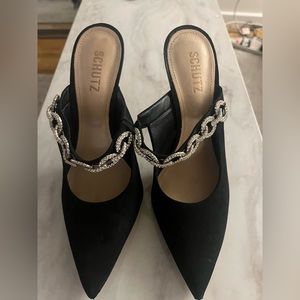 Schutz black mule heels with crystal detail